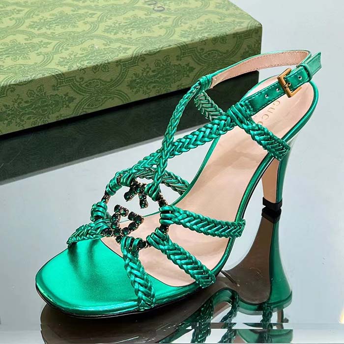 G*u*i women crystal interlocking g sandal green metallic braided leather high heel