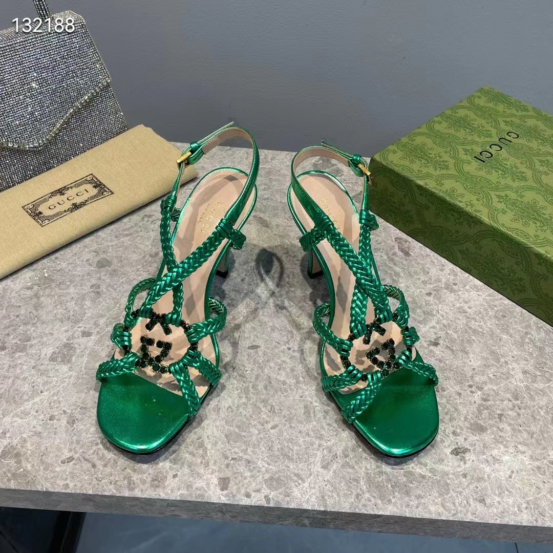 G*u*i women gg cystal interlocking g sandal green metallic braided high 9 cm heel