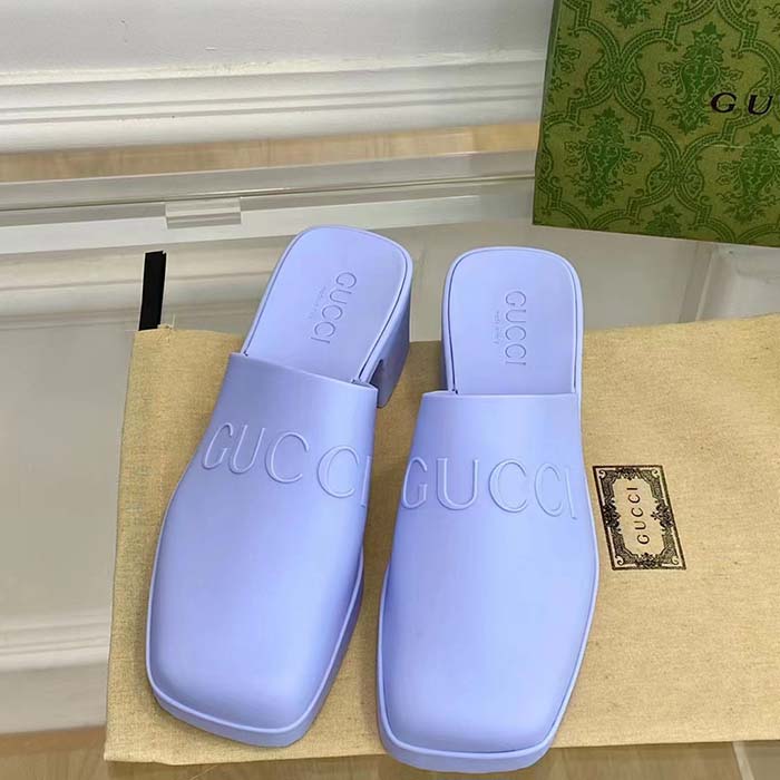 G*u*i women gg slip-on sandal pastel blue rubber embossed logo square toe chevron