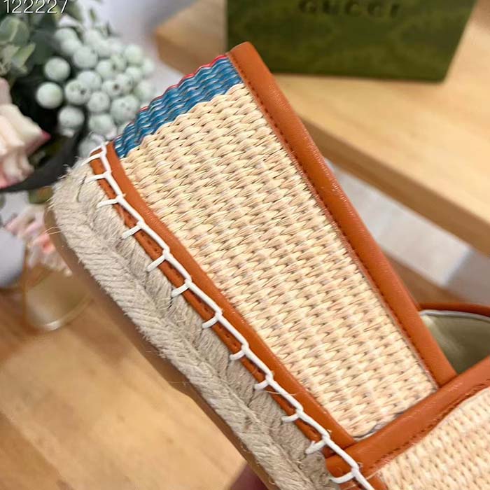 G*u*i unisex gg interlocking g espadrilles natural raffia brown leather round toe flat