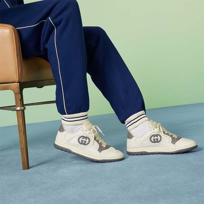 G*u*i unisex gg mac80 sneaker off white grey leather round toe rubber flat
