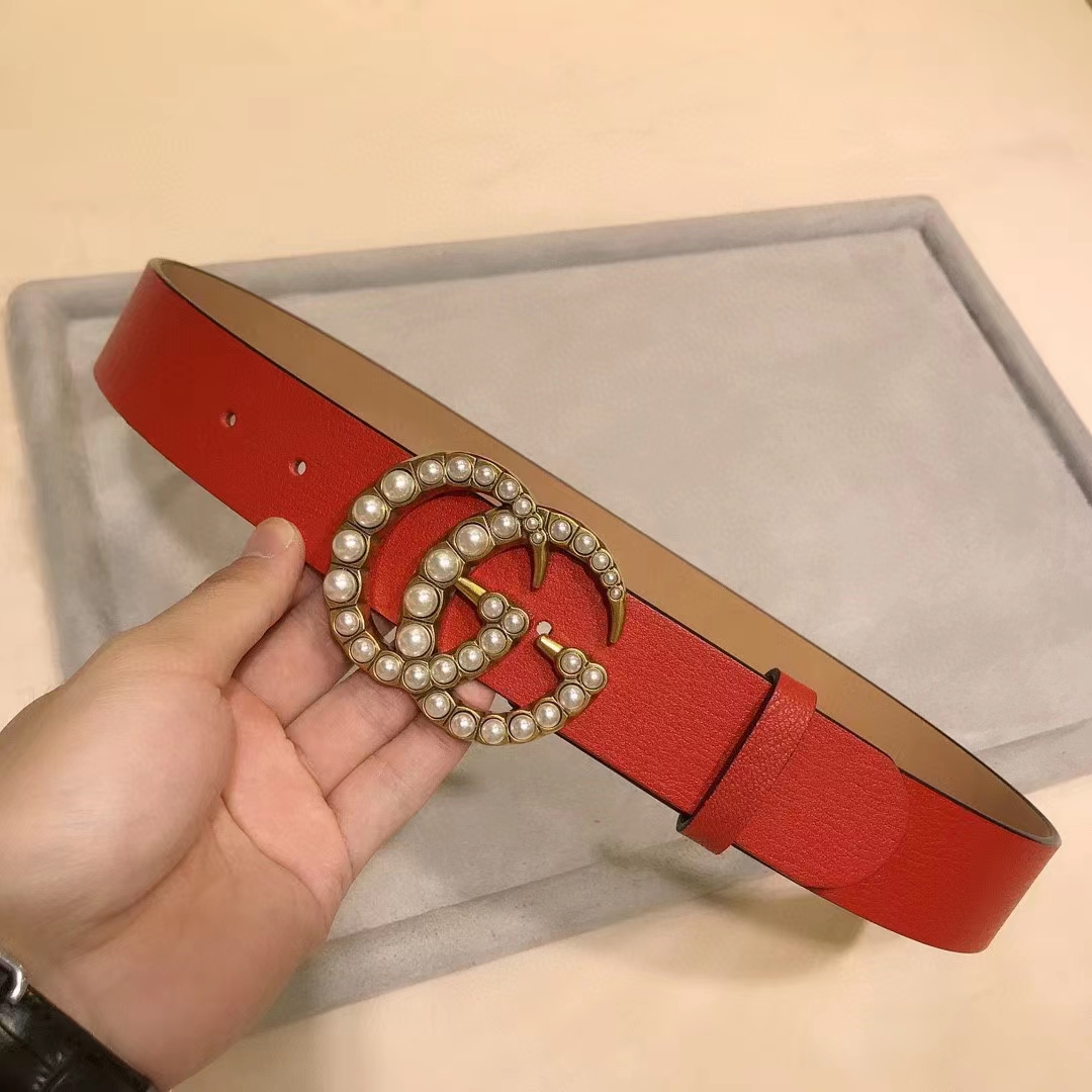 G*u*i unisex leather belt pearl double g red 3.8 cm width