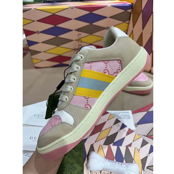 G*u*i unisex screener gg sneaker light pink canvas beige suede bi-color rubber flat
