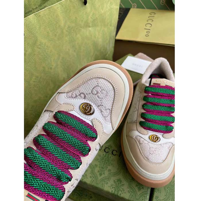G*u*i unisex screener sneaker white gg lamé canvas bi-color chunky laces
