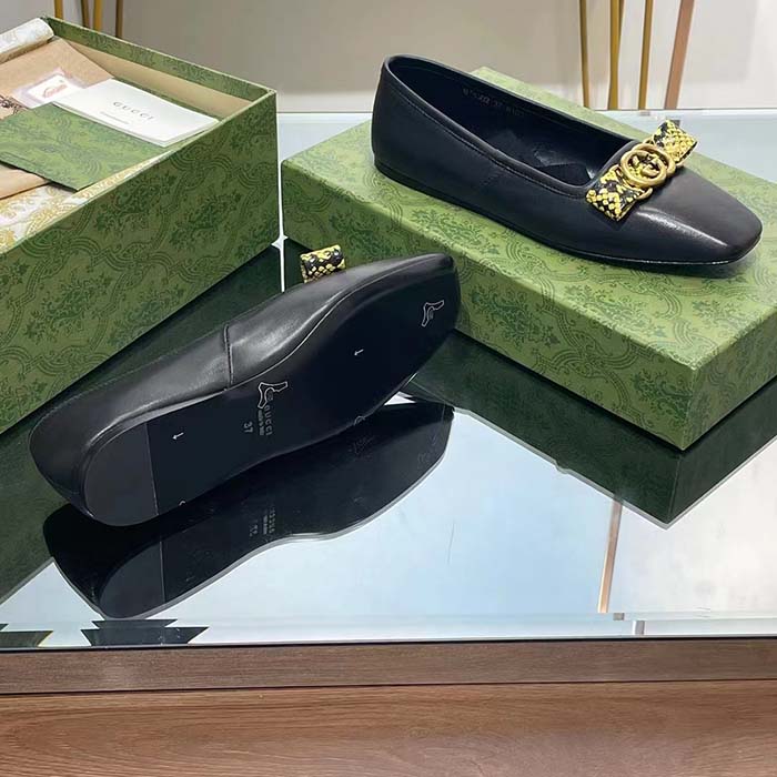 G*u*i women gg interlocking g ballet flat black leather python print leather bow