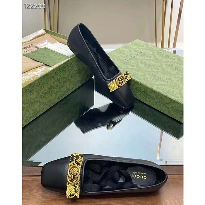 G*u*i women gg interlocking g ballet flat black leather python print leather bow