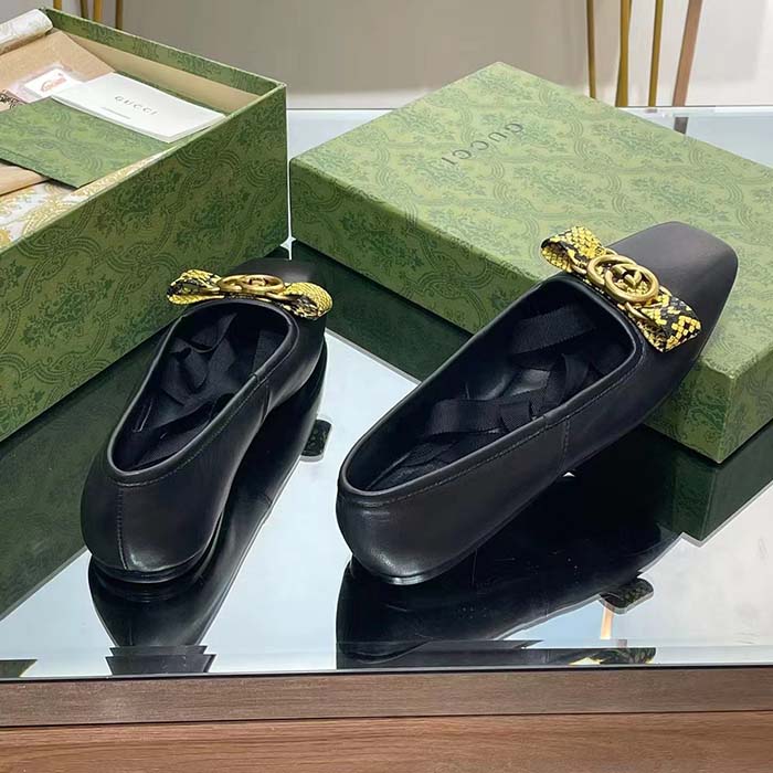 G*u*i women gg interlocking g ballet flat black leather python print leather bow