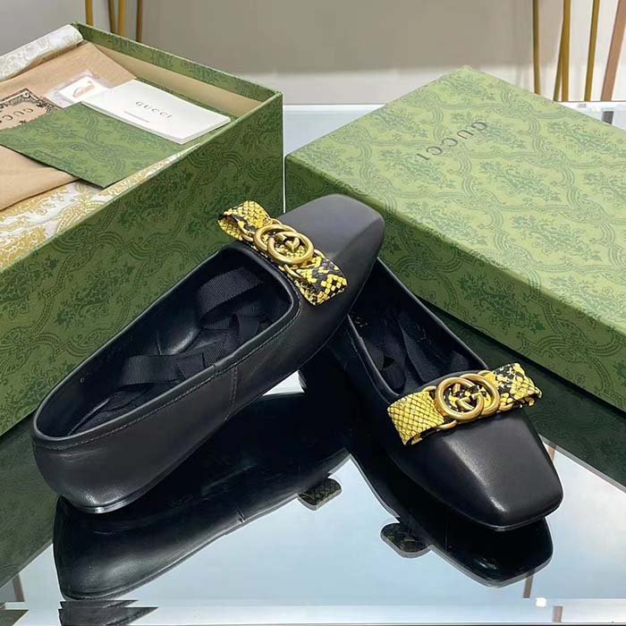 G*u*i women gg interlocking g ballet flat black leather python print leather bow