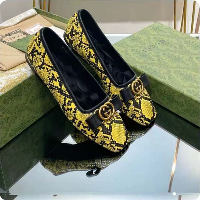G*u*i women gg python ballet flat yellow black leather interlocking g black leather bow