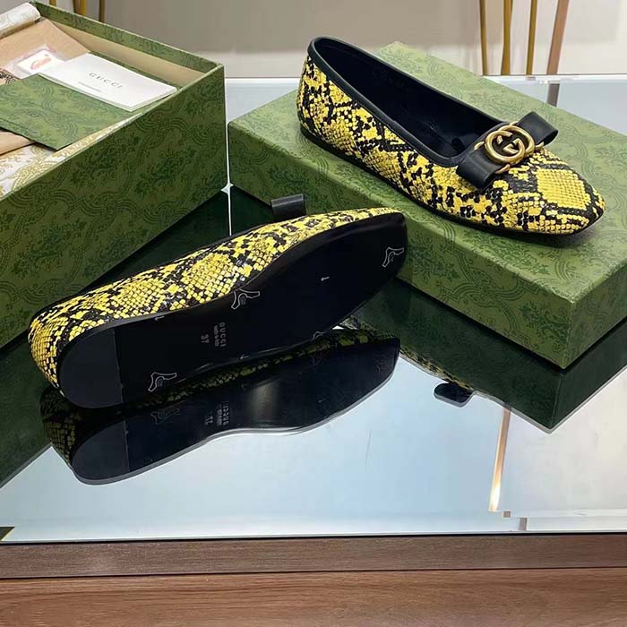 G*u*i women gg python ballet flat yellow black leather interlocking g black leather bow