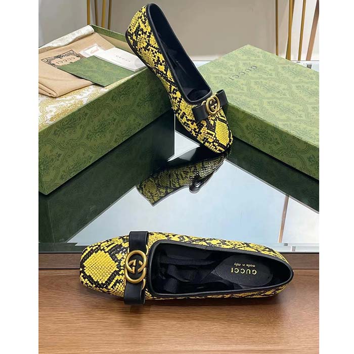 G*u*i women gg python ballet flat yellow black leather interlocking g black leather bow