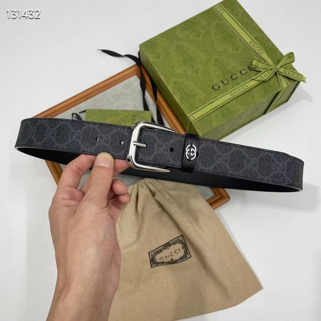G*u*i gg unisex belt interlockig g black gg supreme canvas leather square buckle