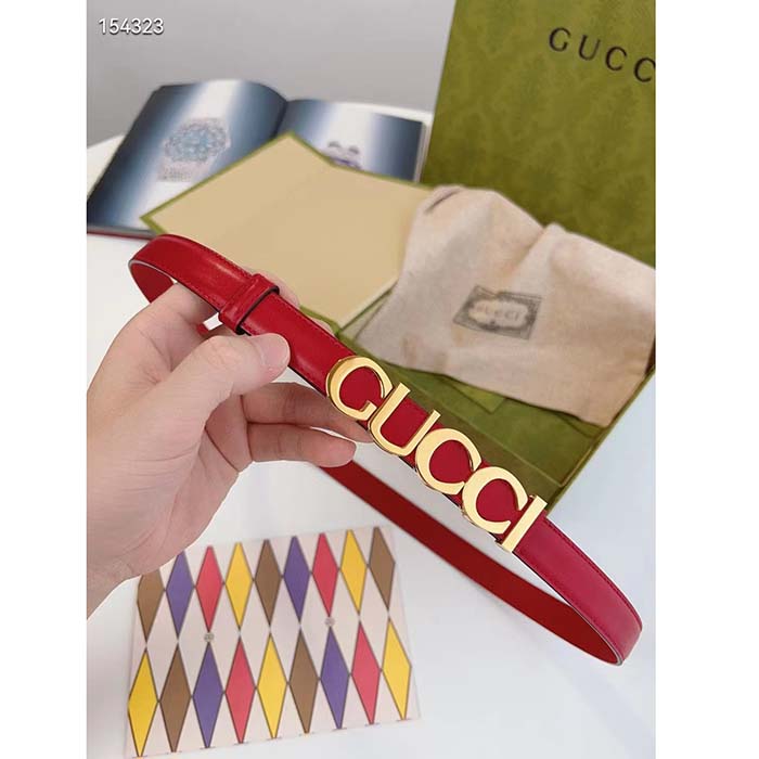 G*u*i unisex buckle thin belt red leather gold-toned hardware 1.5 cm width