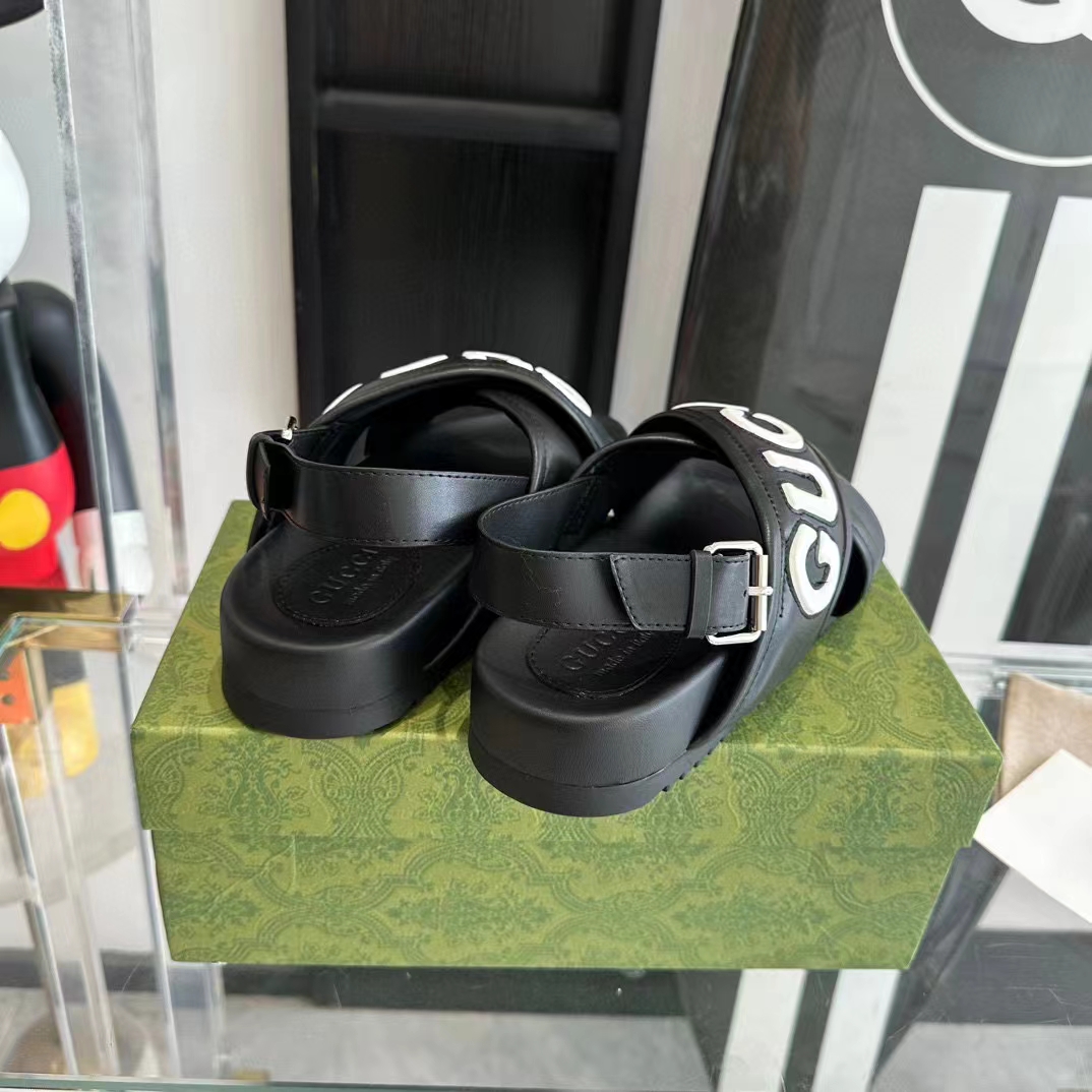 G*u*i unisex gg G*u*i sandal smooth black white leather script rubber buckle flat