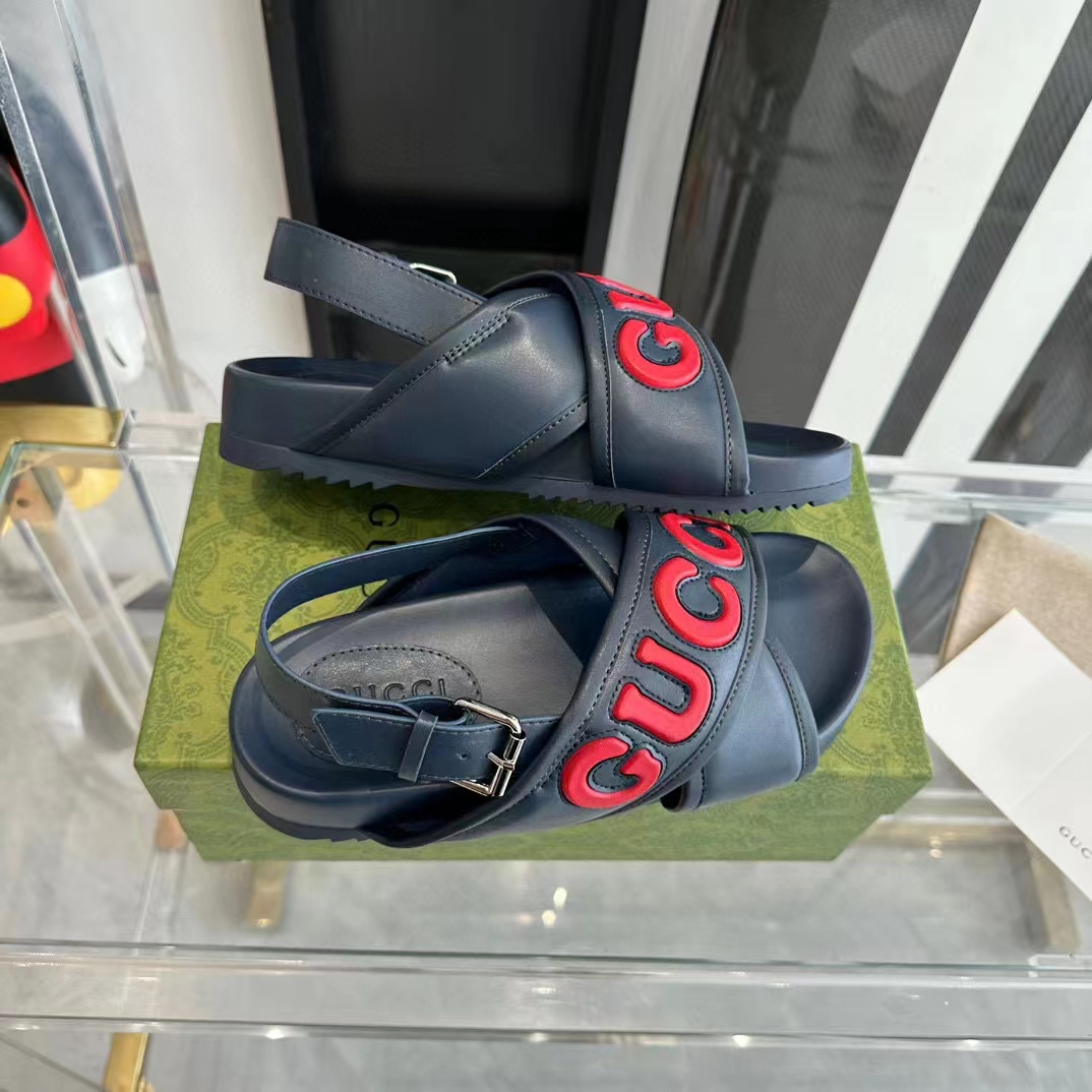 G*u*i unisex gg G*u*i sandal smooth blue red leather script rubber buckle flat