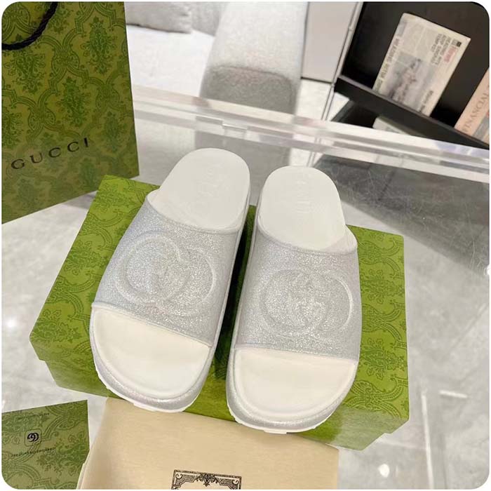 G*u*i unisex gg interlocking g slide sandal metallic silver rubber low 4.3 cm heel