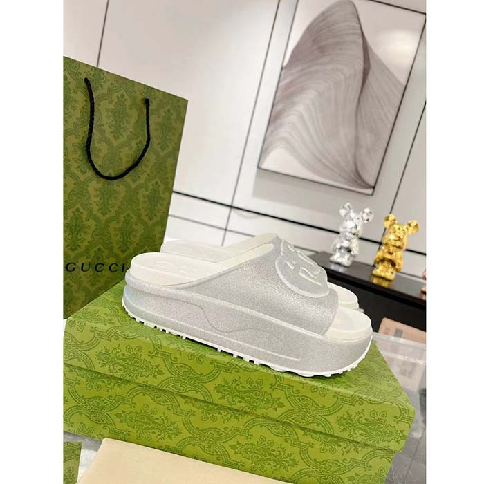 G*u*i unisex gg interlocking g slide sandal metallic silver rubber low 4.3 cm heel