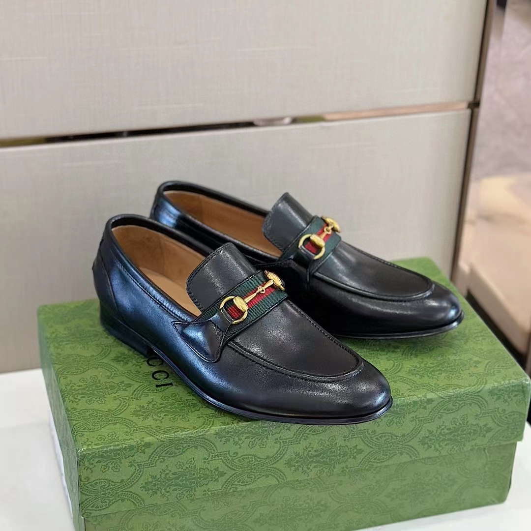 G*u*i unisex gg loafer horsebit soft black leather web sole flat 1.5 cm heel