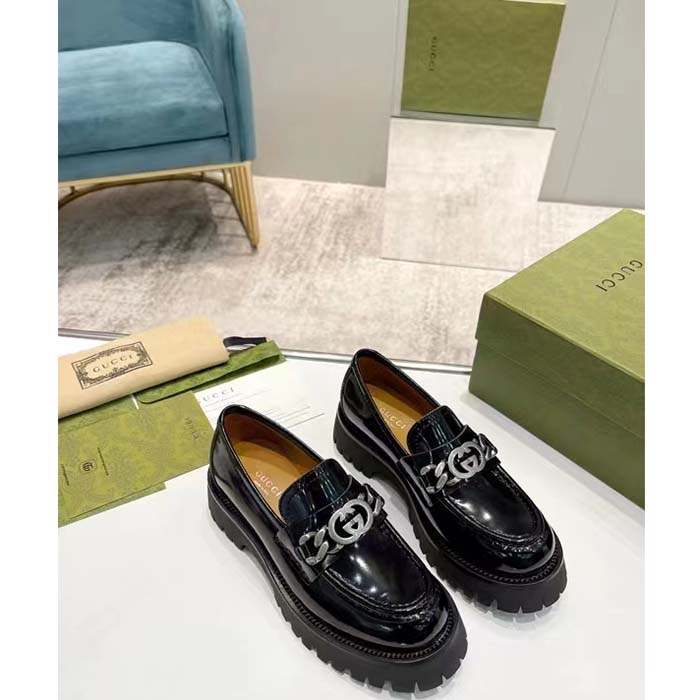 G*u*i unisex gg loafer interlocking g black leather rubber lug mid 4.3 cm heel