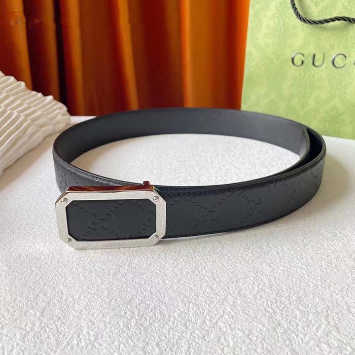 G*u*i unisex signature leather belt black leather rectangular buckle trademark 3.8 cm width
