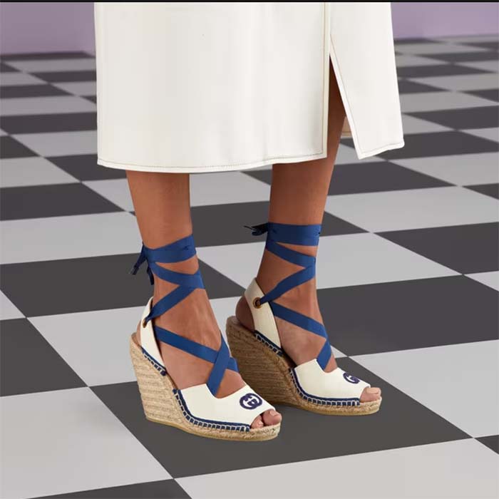 G*u*i women espadrilles ribbon tie white cotton canvas blue interlocking g embroidery
