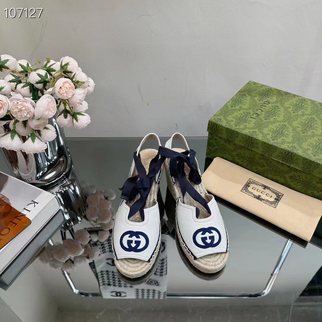 G*u*i women espadrilles ribbon tie white cotton canvas blue interlocking g embroidery