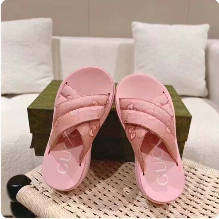 G*u*i women gg platform slide sandal light pink nylon rubber mid 6.4 cm heel