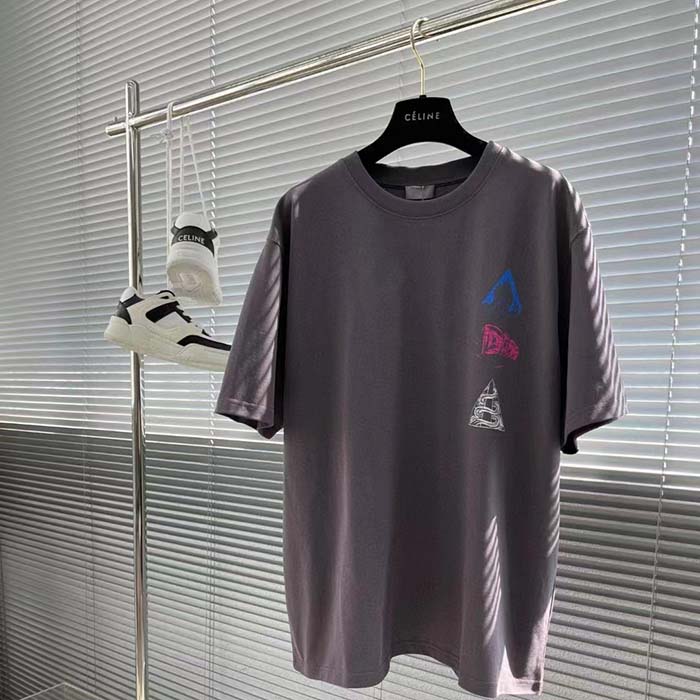 Dior Women CD Relaxed-Fit T-Shirt Gray Slub Cotton Jersey Ribbed Crew Neck