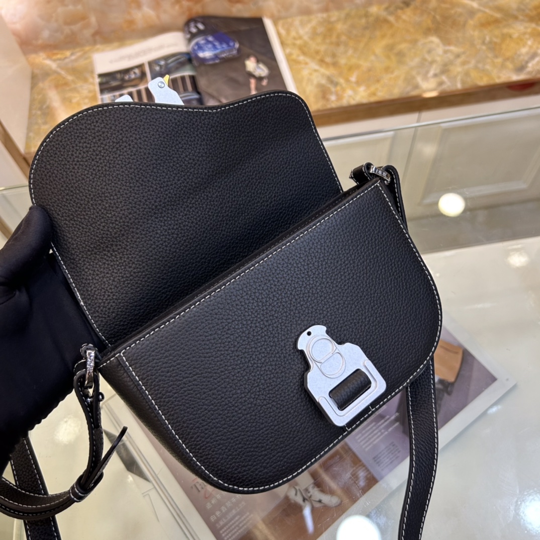 Dior Unisex CD Saddle Pouch Strap Black Grained Calfskin Embossed Dior Signature