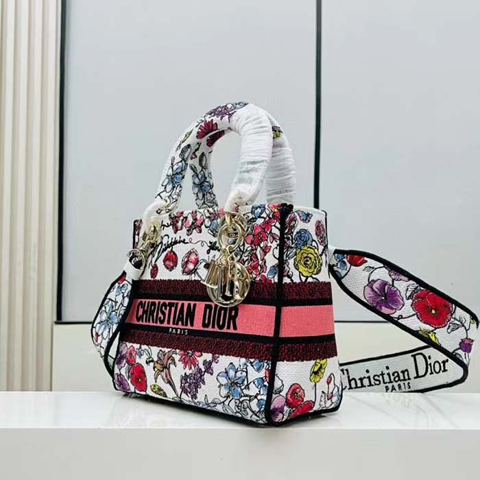 Dior Women CD Medium Lady D-Lite Bag White Multicolor Florilegio Embroidery