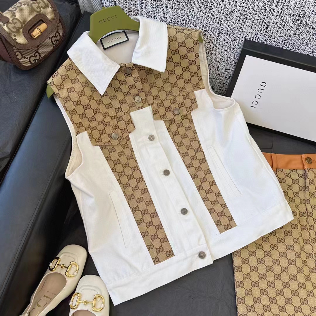 G*u*i men washed organic denim vest gg light blue stone bleached point collar sleeveless