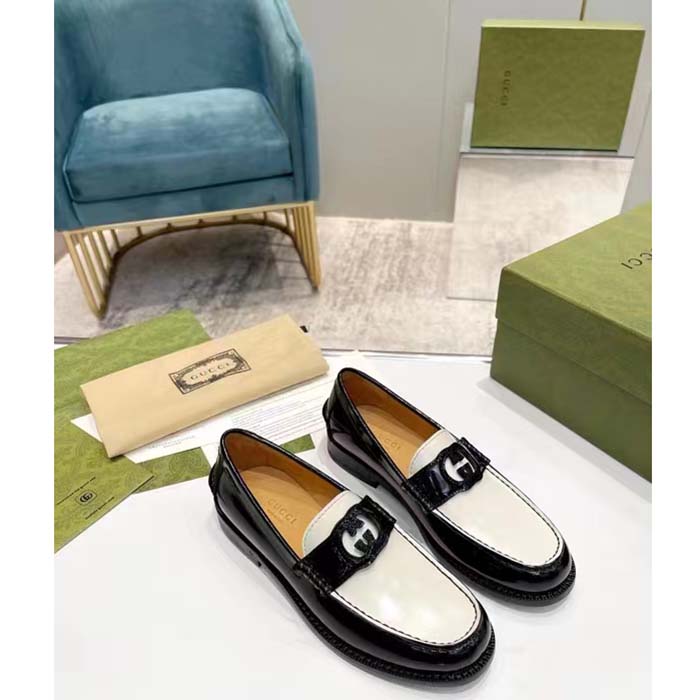 G*u*i unisex gg interlocking g loafer black white leather sole flat 1.5 cm heel