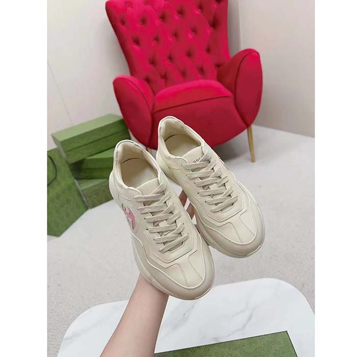 G*u*i unisex rhyton sneakers ivory leather pink interlocking g cut-out rubber sole