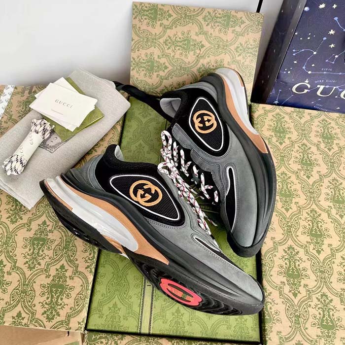 G*u*i unisex run sneaker grey black suede interlocking g bi-color rubbe low heel