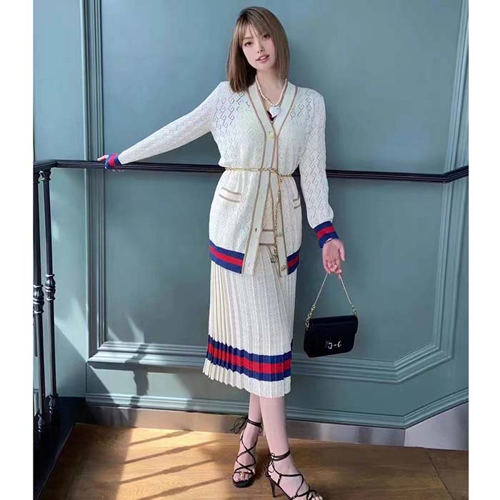 G*u*i women gg cotton cardigan web ivory g v-neck long sleeves button closure