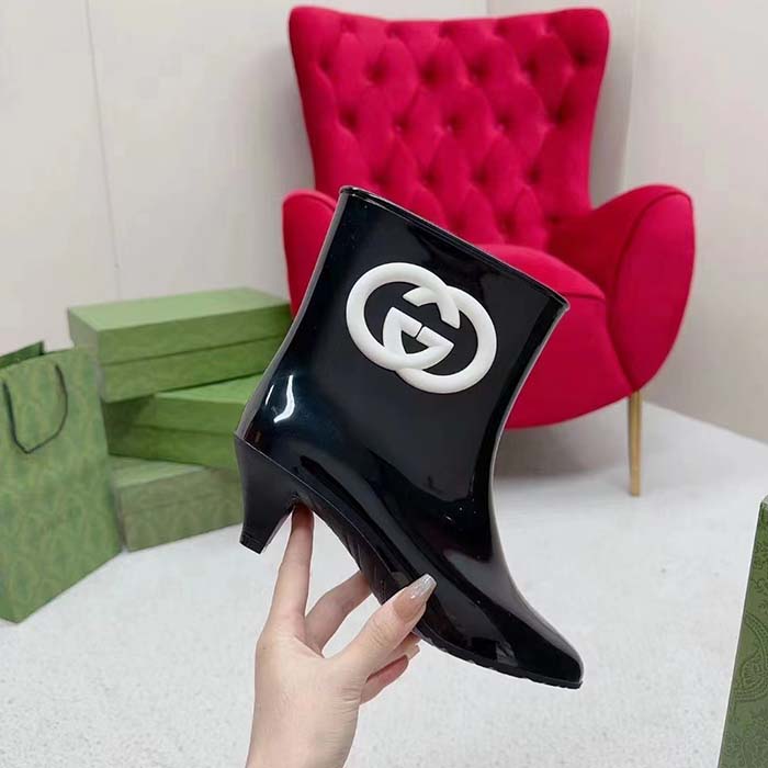 G*u*i women interlocking g ankle boot black shiny rubber matte point toe low-heel