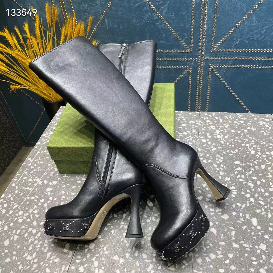 G*u*i women platform boot gg studs black leather spool high 11.4 cm heel
