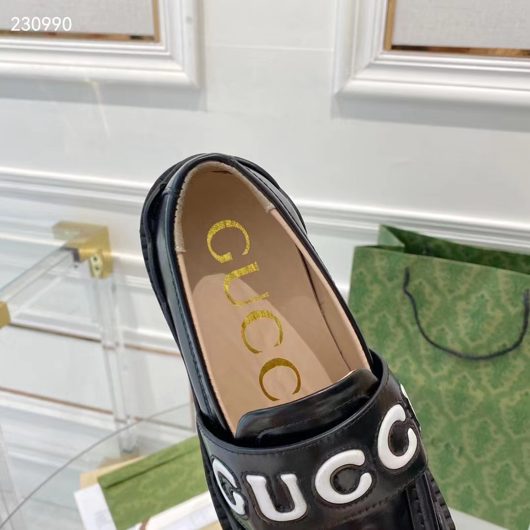 G*u*i gg women G*u*i loafer black white leather scalloped script rubber sole mid-heel