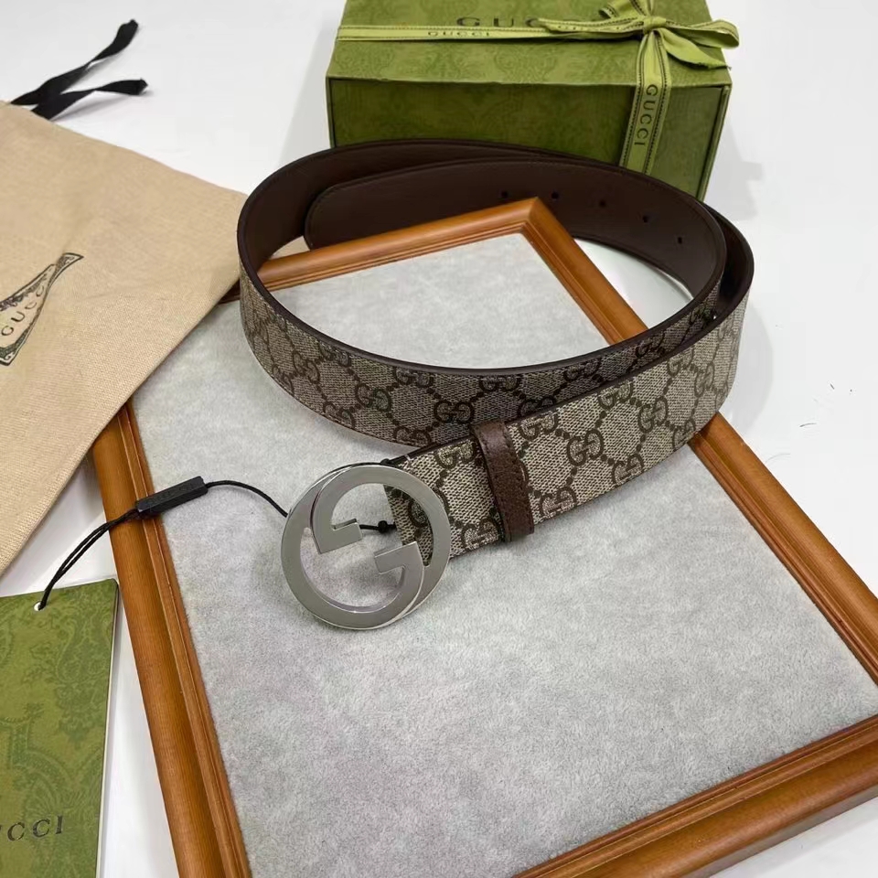 G*u*i unisex gg blondie belt round interlocking g buckle beige ebony supreme canvas