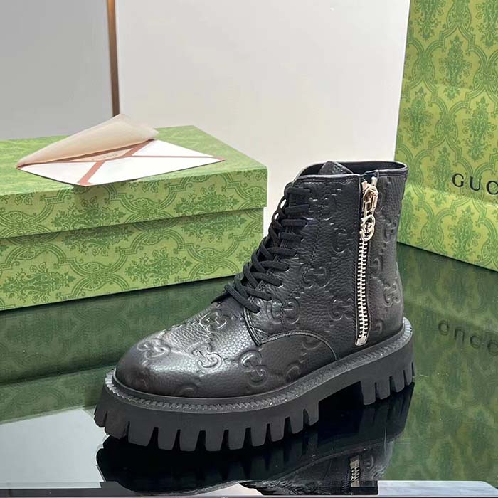 G*u*i unisex gg leather boots rubber lug sole lace-up interlocking g flats