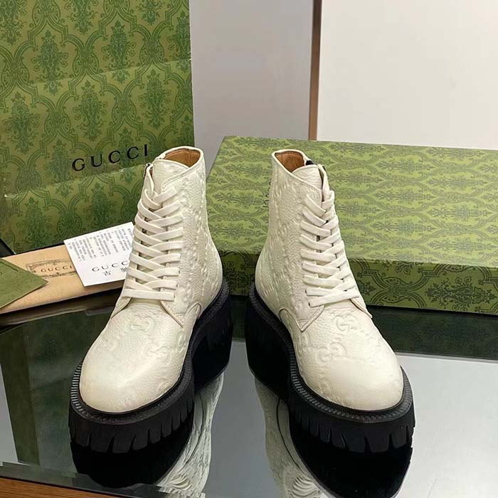 G*u*i unisex gg leather boots white rubber lug sole lace-up interlocking g flats