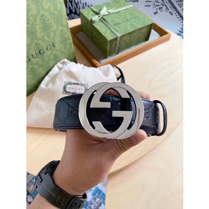 G*u*i unisex gg signature leather belt black interlocking g buckle 3.8 cm width