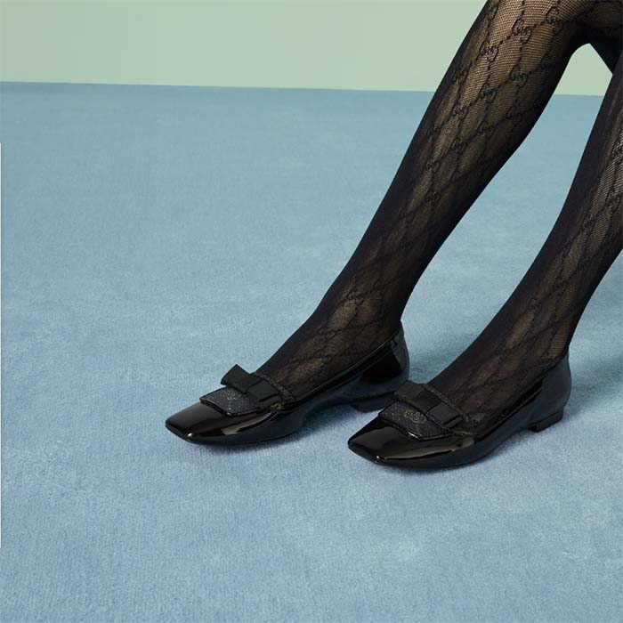 G*u*i women ballet flats gg canvas black patent leather bow sole square toe