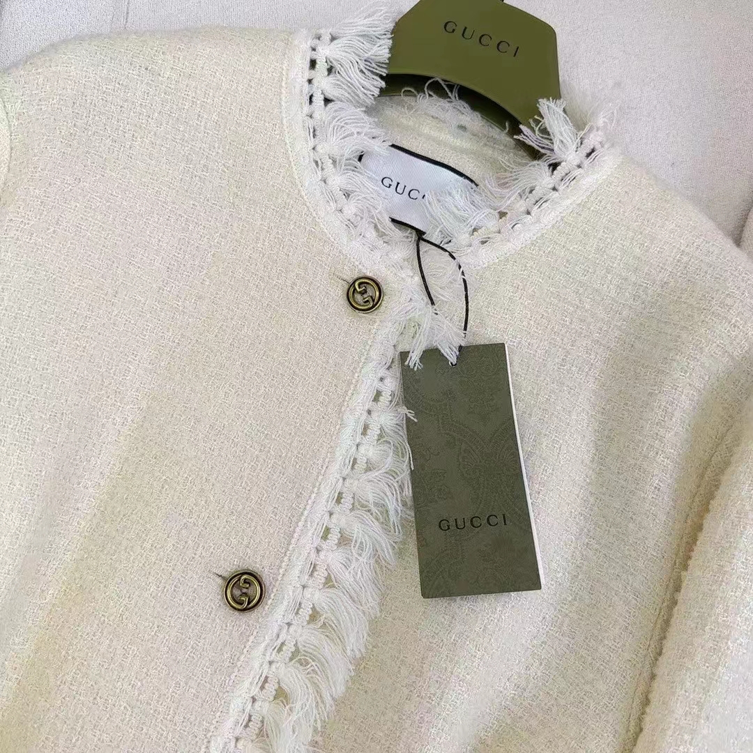G*u*i women gg belted wool bouclé jacket white ribbon lined detachable patch pockets