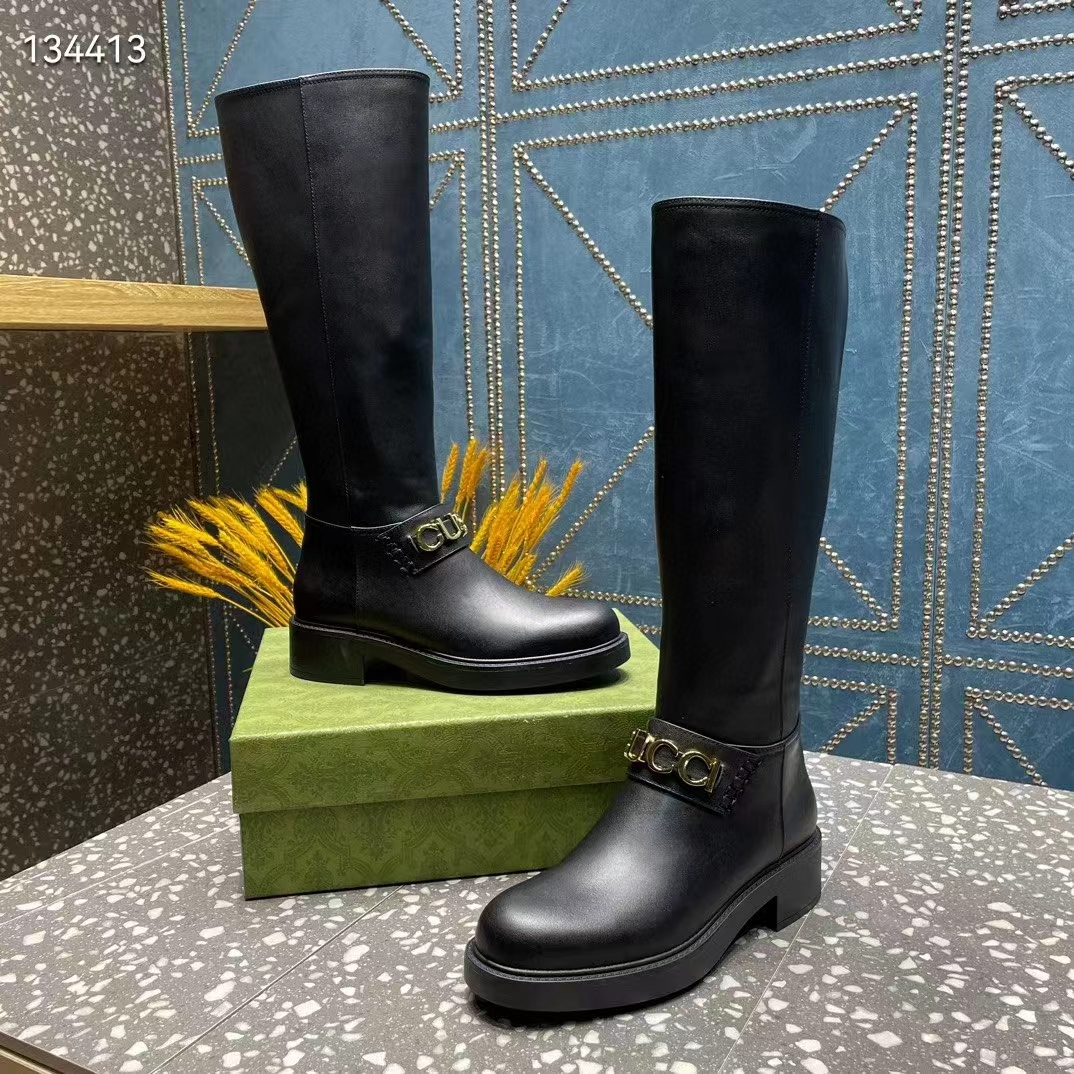 G*u*i women gg G*u*i boot black leather rubber sole side zip closure flat 2.3 cm heel