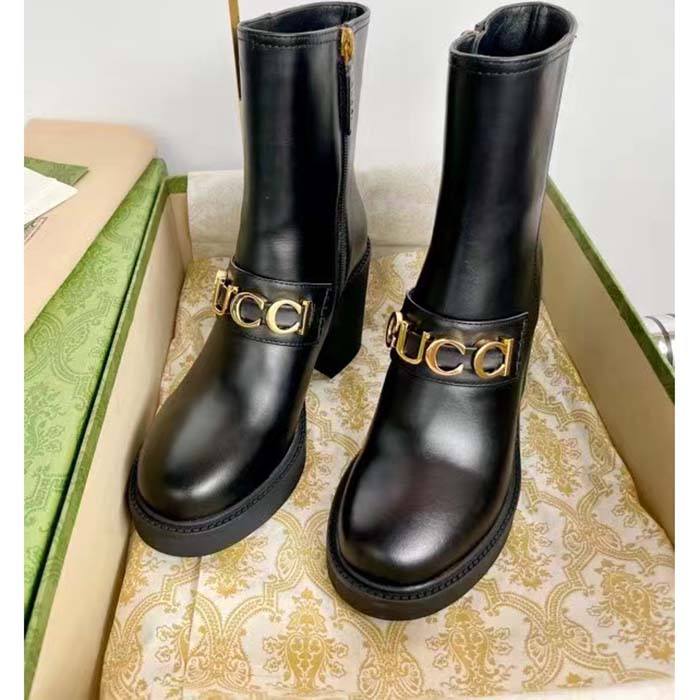 G*u*i women gg G*u*i boot black leather script rubber sole side zip closure mid-heel