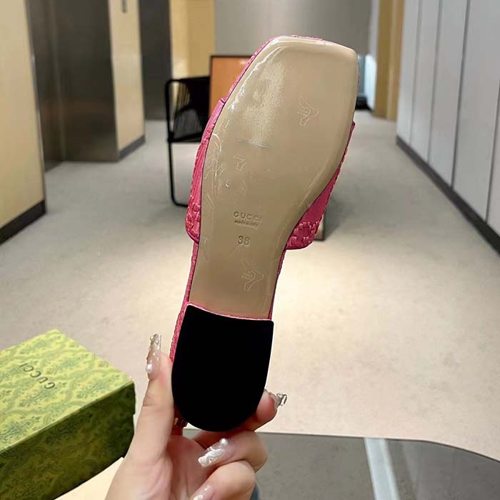 G*u*i women horsebit slide sandal fuchsia gg raffia leather sole flat