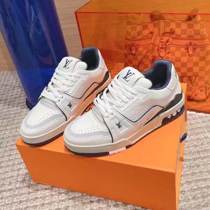 Louis Vuitton Unisex LV Trainer Sneaker Blue Calf Leather Rubber Outsole Initials