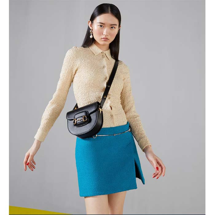 G*u*i gg women G*u*i horsebit 1955 mini rounded bag black leather cotton linen lining