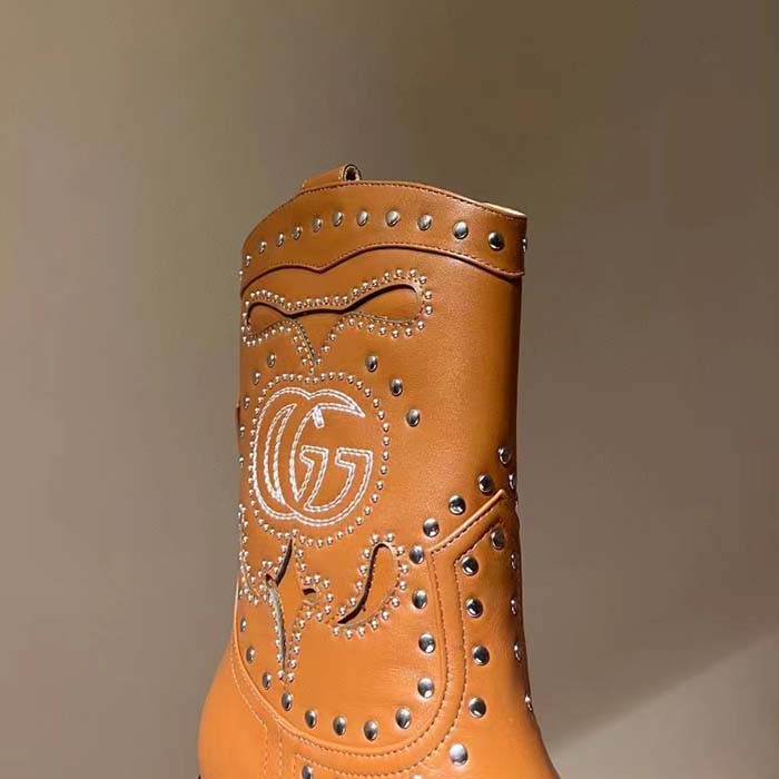 G*u*i women gg boot double g embroidery studs brown leather low 3.6 cm heel